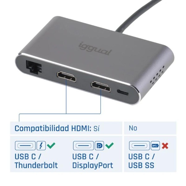 Iggual hub c 8 en 1 2xhdmi 2xusb 2xsd rj45 pd100w